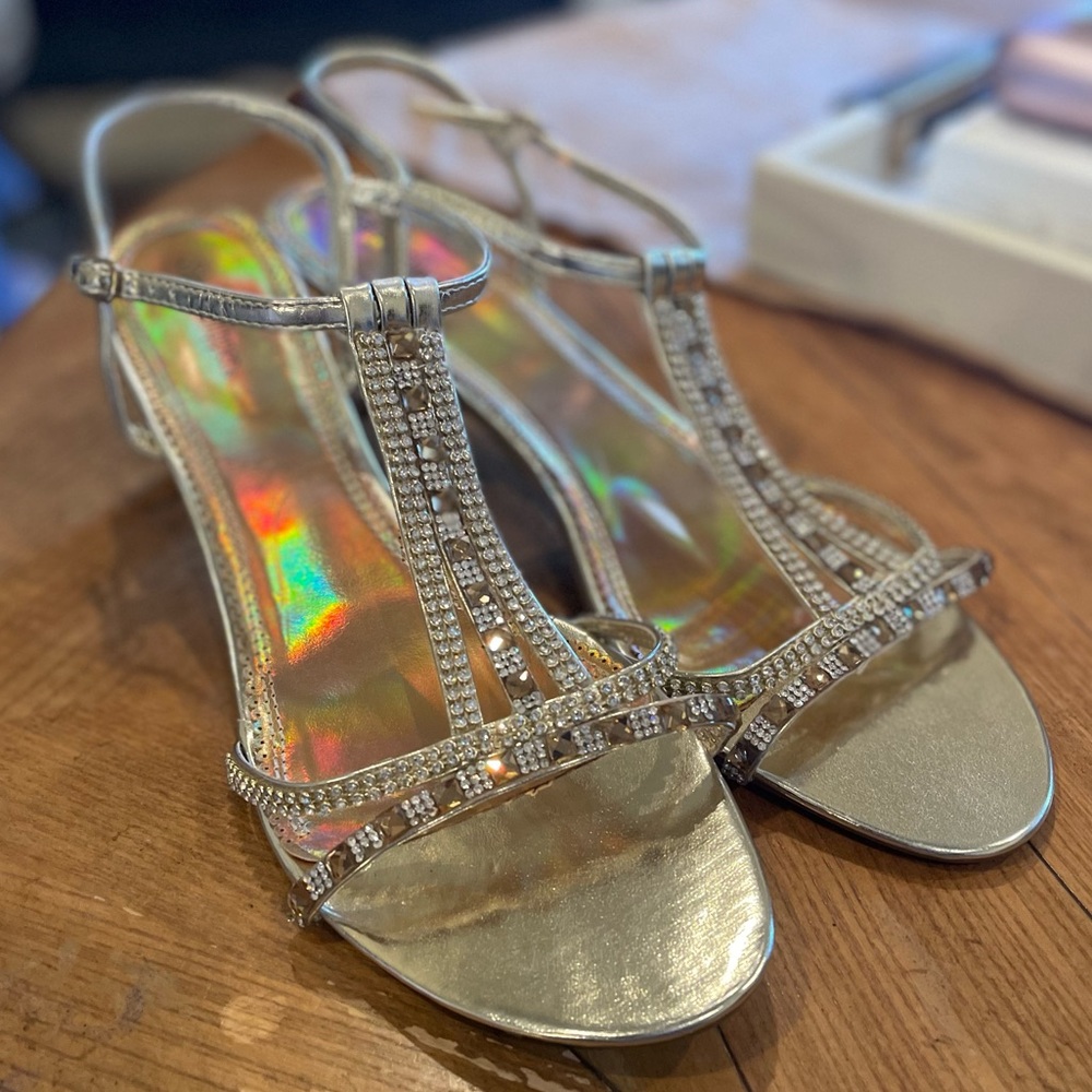 SOLD Stunning & EUC women’s size 14 gold jeweled strappy 2.5” heel by Silver Sli